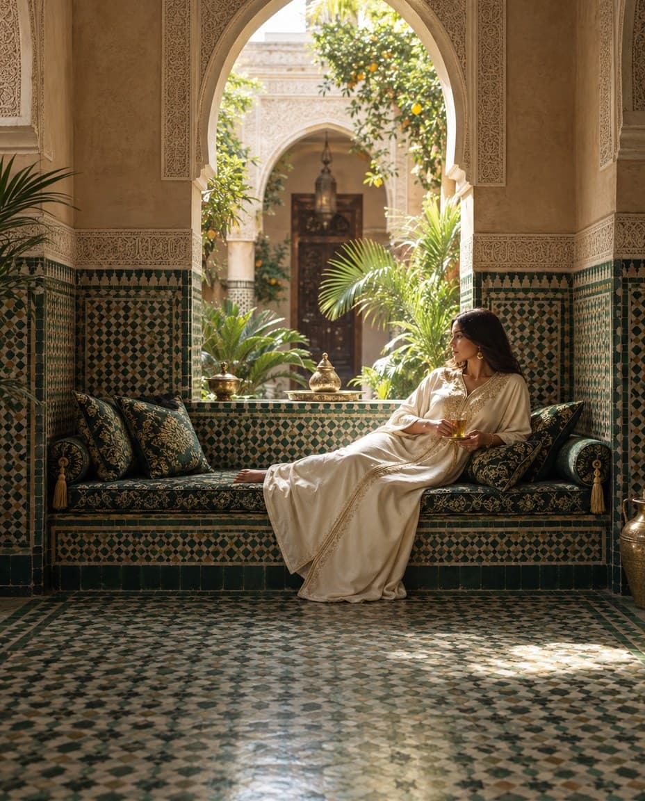 Femme en caftan blanc sur un sofa vert dans un riad, thé à la main